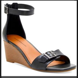 ♠️NWT LUCKY BRAND Black Leather Jodella  Wedge Sandals Size 8M